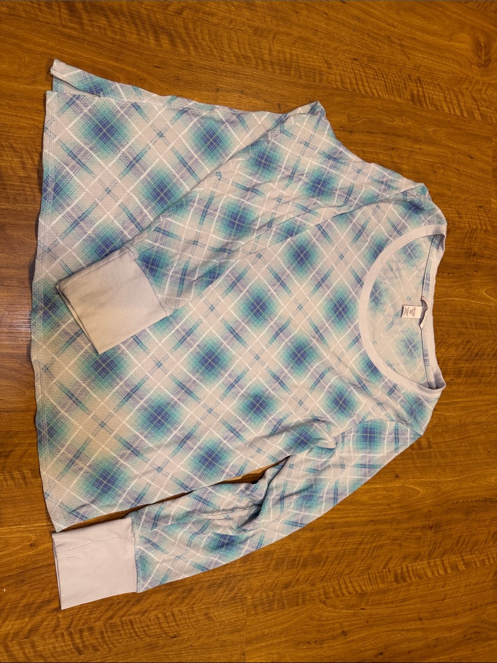 Victoria's Secret Light Blue and White Plaid Thermal Crew Neck Long-Sleeve Top